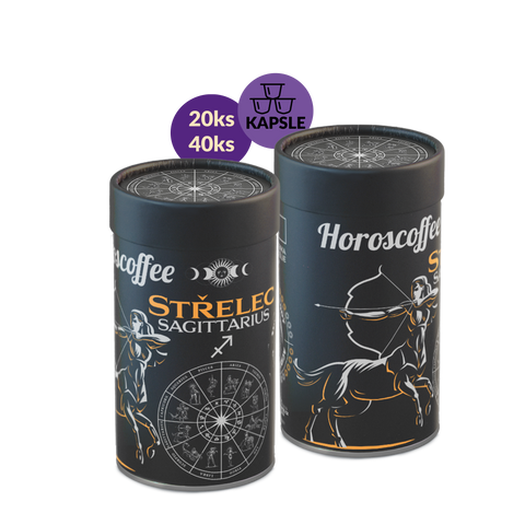 Papírová tuba s kávou Fixi Coffee. Obal je černý s nápisem Horosscoffee - Střelec. Nad tubami jsou dvě ikony označující počet kapslí v balení: 20 ks a 40 ks.